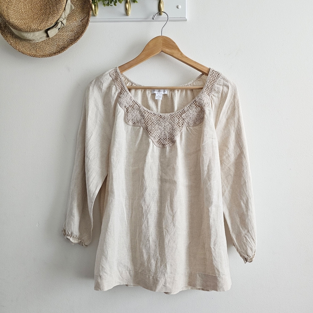 Charter Club 100% Linen Crochet Boho Peasant Blouse Beige Size 6 Cottagecore